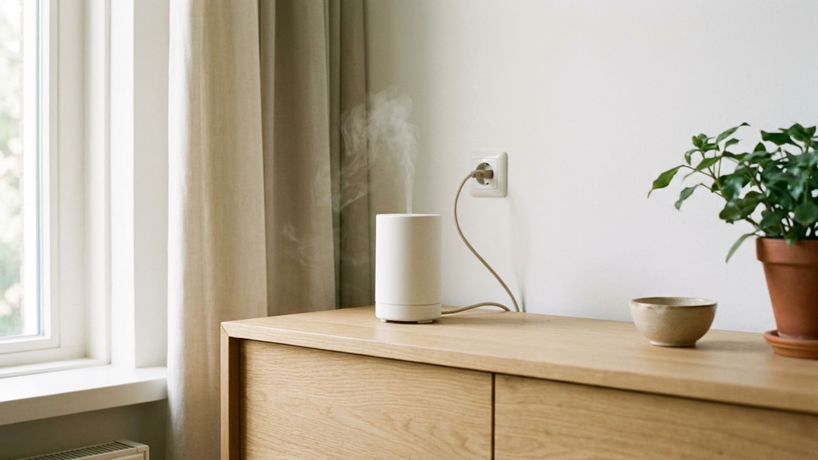 Witte cilindervormige diffuser waar nevel uit opstijgt op een houten dressoir, met een snoer naar een stopcontact in de witte muur, daarnaast een beige kommetje en een groene plant in een terracottakleurige pot, links een raam met een lichtbeige gordijn