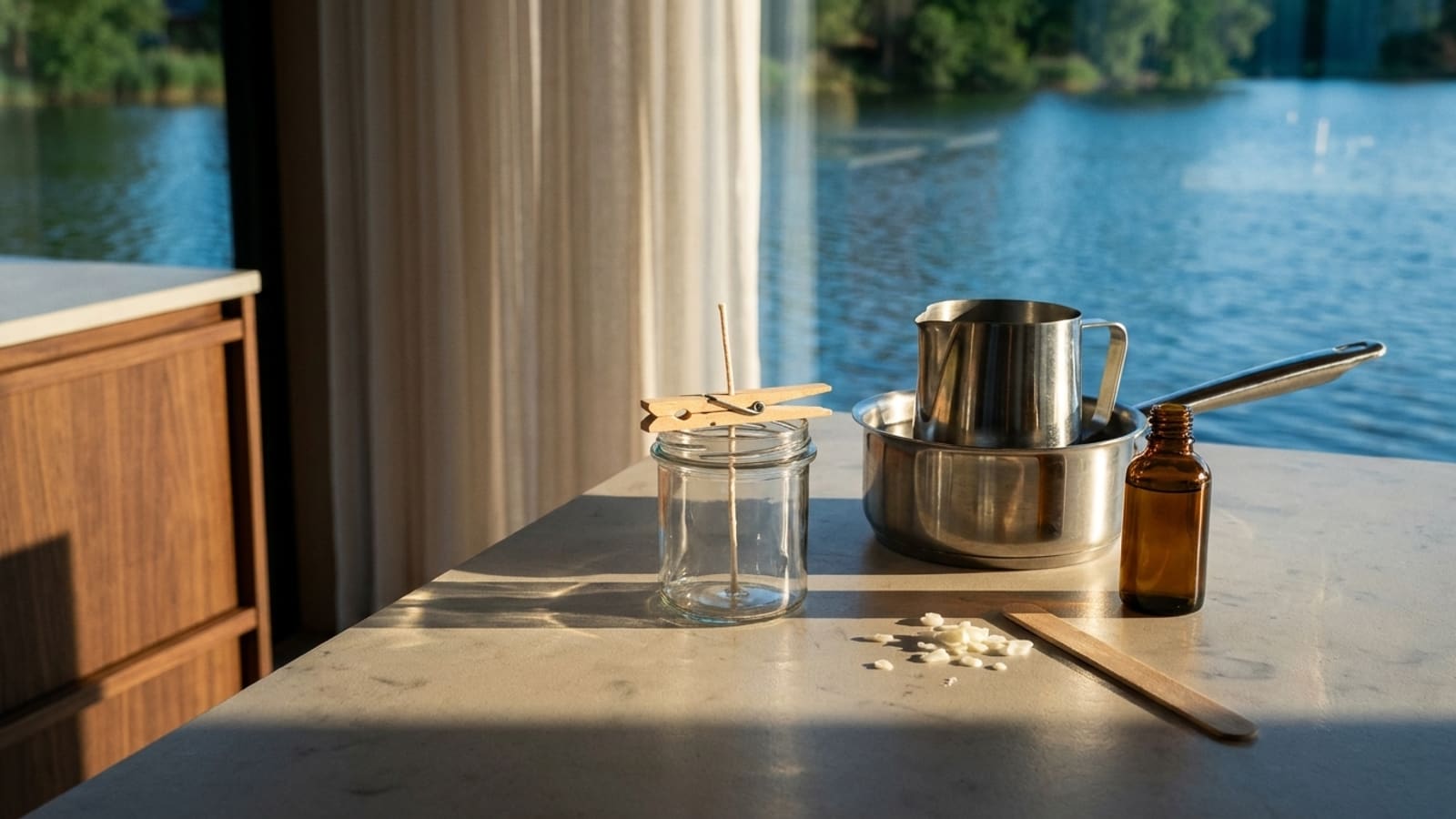 Leeg glazen potje met een lont die door een houten wasknijper op de rand recht wordt gehouden, ernaast een steelpan met een metalen gietkan erin, een bruin flesje, wat wasvlokken en een houten roerstokje op een licht stenen aanrecht in laag zonlicht, met een doorschijnend gordijn en water buiten het raam