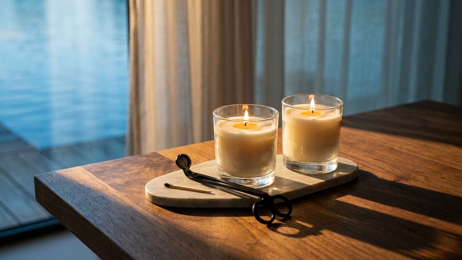 Twee brandende geurkaarsen in helder glas op een lichte stenen plank, met een zwarte lontschaar en een lucifer ernaast, op een houten tafel bij een raam met een doorschijnend gordijn en water buiten