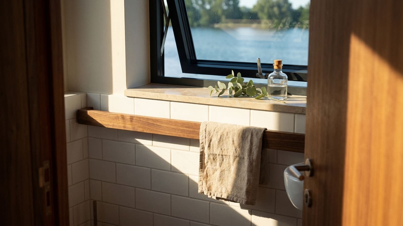Kleine betegelde wc gezien door de deuropening, met een raam op een kier boven een stenen vensterbank, daarop een takje eucalyptus en een klein glazen flesje met kurk, een handdoek over een houten rail en de rand van een fonteintje